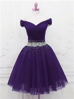 Picture of Purple Off Shoulder Knee Length Beaded Tulle Homecoming Dresses, Sweetheart Short Prom Dresses